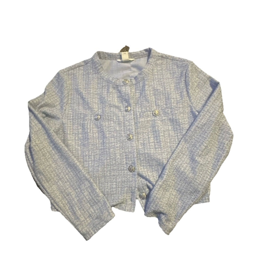 H&M Tweed Retro Glam Old Money Corp Core Cropped Baby Blue Preppy Jacket-L